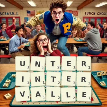 Kreative Illustration für ein Scrabble-Spiel, bei dem das Wort UNTERINTERVALLE mit Steinen auf dem Brett gelegt wurde.