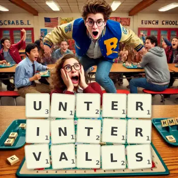 Kreative Illustration für ein Scrabble-Spiel, bei dem das Wort UNTERINTERVALLS mit Steinen auf dem Brett gelegt wurde.