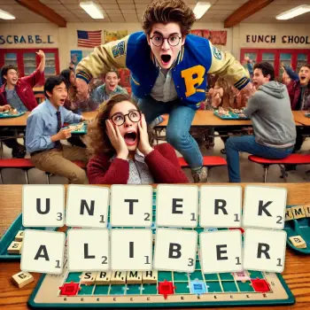 Kreative Illustration für ein Scrabble-Spiel, bei dem das Wort UNTERKALIBER mit Steinen auf dem Brett gelegt wurde.