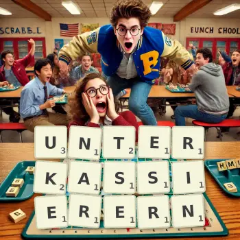 Kreative Illustration für ein Scrabble-Spiel, bei dem das Wort UNTERKASSIERERN mit Steinen auf dem Brett gelegt wurde.