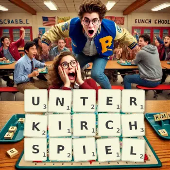 Kreative Illustration für ein Scrabble-Spiel, bei dem das Wort UNTERKIRCHSPIEL mit Steinen auf dem Brett gelegt wurde.