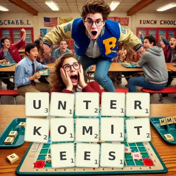 Kreative Illustration für ein Scrabble-Spiel, bei dem das Wort UNTERKOMITEES mit Steinen auf dem Brett gelegt wurde.