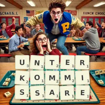 Kreative Illustration für ein Scrabble-Spiel, bei dem das Wort UNTERKOMMISSARE mit Steinen auf dem Brett gelegt wurde.