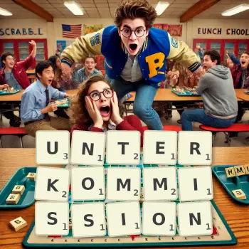 Kreative Illustration für ein Scrabble-Spiel, bei dem das Wort UNTERKOMMISSION mit Steinen auf dem Brett gelegt wurde.