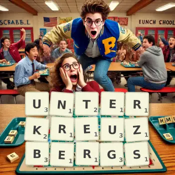 Kreative Illustration für ein Scrabble-Spiel, bei dem das Wort UNTERKREUZBERGS mit Steinen auf dem Brett gelegt wurde.