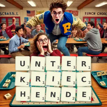 Kreative Illustration für ein Scrabble-Spiel, bei dem das Wort UNTERKRIECHENDE mit Steinen auf dem Brett gelegt wurde.