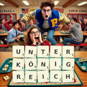 Kreative Illustration für ein Scrabble-Spiel, bei dem das Wort UNTERKÖNIGREICH mit Steinen auf dem Brett gelegt wurde.