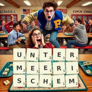 Kreative Illustration für ein Scrabble-Spiel, bei dem das Wort UNTERMEERISCHEM mit Steinen auf dem Brett gelegt wurde.