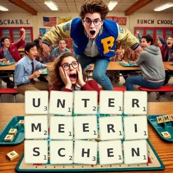 Kreative Illustration für ein Scrabble-Spiel, bei dem das Wort UNTERMEERISCHEN mit Steinen auf dem Brett gelegt wurde.