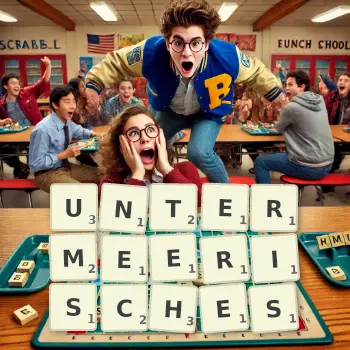 Kreative Illustration für ein Scrabble-Spiel, bei dem das Wort UNTERMEERISCHES mit Steinen auf dem Brett gelegt wurde.