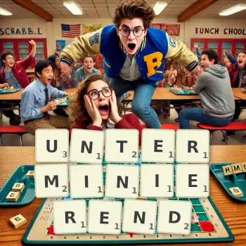 Kreative Illustration für ein Scrabble-Spiel, bei dem das Wort UNTERMINIEREND mit Steinen auf dem Brett gelegt wurde.