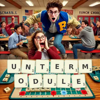 Kreative Illustration für ein Scrabble-Spiel, bei dem das Wort UNTERMODULE mit Steinen auf dem Brett gelegt wurde.