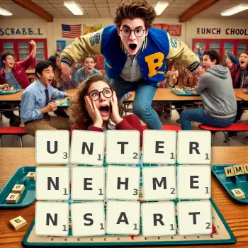 Kreative Illustration für ein Scrabble-Spiel, bei dem das Wort UNTERNEHMENSART mit Steinen auf dem Brett gelegt wurde.