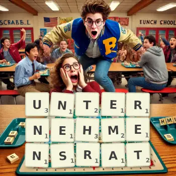 Kreative Illustration für ein Scrabble-Spiel, bei dem das Wort UNTERNEHMENSRAT mit Steinen auf dem Brett gelegt wurde.