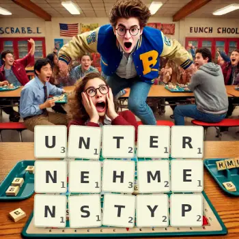 Kreative Illustration für ein Scrabble-Spiel, bei dem das Wort UNTERNEHMENSTYP mit Steinen auf dem Brett gelegt wurde.