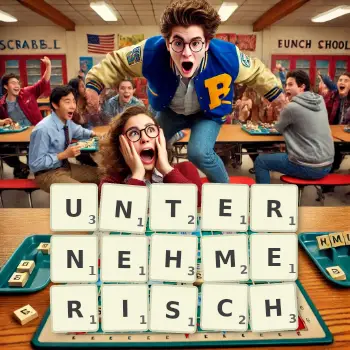 Kreative Illustration für ein Scrabble-Spiel, bei dem das Wort UNTERNEHMERISCH mit Steinen auf dem Brett gelegt wurde.