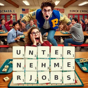 Kreative Illustration für ein Scrabble-Spiel, bei dem das Wort UNTERNEHMERJOBS mit Steinen auf dem Brett gelegt wurde.