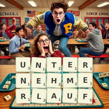 Kreative Illustration für ein Scrabble-Spiel, bei dem das Wort UNTERNEHMERLAUF mit Steinen auf dem Brett gelegt wurde.