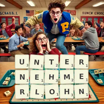 Kreative Illustration für ein Scrabble-Spiel, bei dem das Wort UNTERNEHMERLOHN mit Steinen auf dem Brett gelegt wurde.