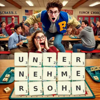 Kreative Illustration für ein Scrabble-Spiel, bei dem das Wort UNTERNEHMERSOHN mit Steinen auf dem Brett gelegt wurde.