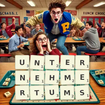 Kreative Illustration für ein Scrabble-Spiel, bei dem das Wort UNTERNEHMERTUMS mit Steinen auf dem Brett gelegt wurde.