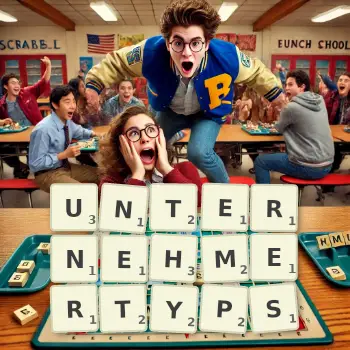 Kreative Illustration für ein Scrabble-Spiel, bei dem das Wort UNTERNEHMERTYPS mit Steinen auf dem Brett gelegt wurde.