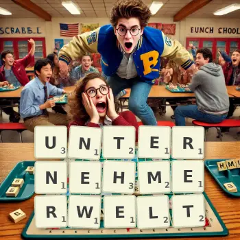 Kreative Illustration für ein Scrabble-Spiel, bei dem das Wort UNTERNEHMERWELT mit Steinen auf dem Brett gelegt wurde.