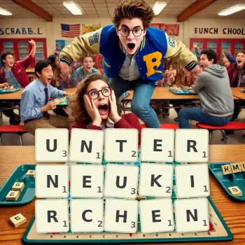 Kreative Illustration für ein Scrabble-Spiel, bei dem das Wort UNTERNEUKIRCHEN mit Steinen auf dem Brett gelegt wurde.