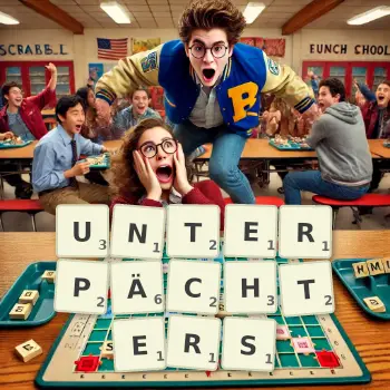 Kreative Illustration für ein Scrabble-Spiel, bei dem das Wort UNTERPÄCHTERS mit Steinen auf dem Brett gelegt wurde.