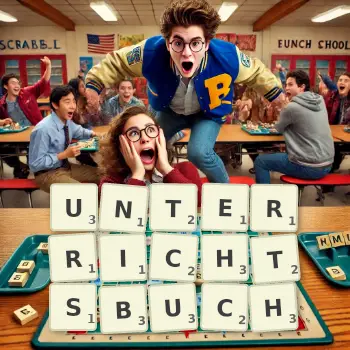 Kreative Illustration für ein Scrabble-Spiel, bei dem das Wort UNTERRICHTSBUCH mit Steinen auf dem Brett gelegt wurde.