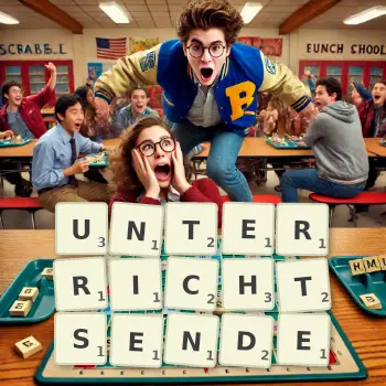 Kreative Illustration für ein Scrabble-Spiel, bei dem das Wort UNTERRICHTSENDE mit Steinen auf dem Brett gelegt wurde.