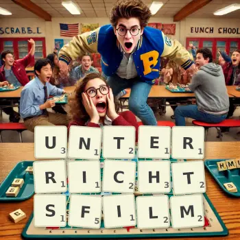 Kreative Illustration für ein Scrabble-Spiel, bei dem das Wort UNTERRICHTSFILM mit Steinen auf dem Brett gelegt wurde.