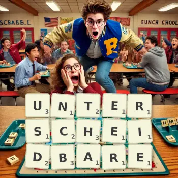 Kreative Illustration für ein Scrabble-Spiel, bei dem das Wort UNTERSCHEIDBARE mit Steinen auf dem Brett gelegt wurde.