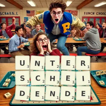 Kreative Illustration für ein Scrabble-Spiel, bei dem das Wort UNTERSCHEIDENDE mit Steinen auf dem Brett gelegt wurde.