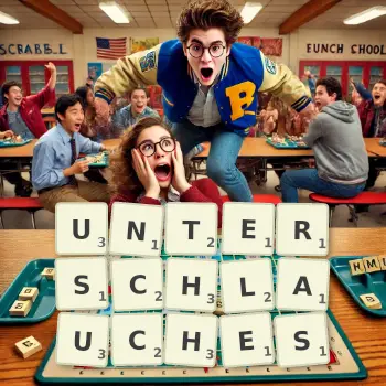 Kreative Illustration für ein Scrabble-Spiel, bei dem das Wort UNTERSCHLAUCHES mit Steinen auf dem Brett gelegt wurde.