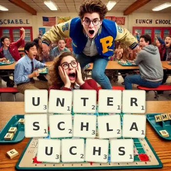 Kreative Illustration für ein Scrabble-Spiel, bei dem das Wort UNTERSCHLAUCHS mit Steinen auf dem Brett gelegt wurde.