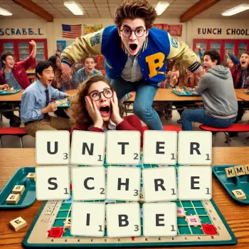 Kreative Illustration für ein Scrabble-Spiel, bei dem das Wort UNTERSCHREIBE mit Steinen auf dem Brett gelegt wurde.