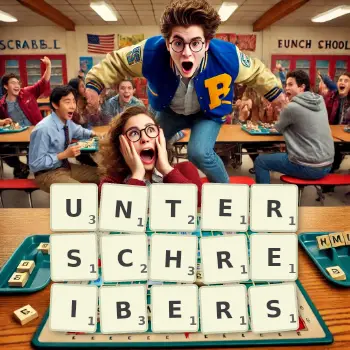 Kreative Illustration für ein Scrabble-Spiel, bei dem das Wort UNTERSCHREIBERS mit Steinen auf dem Brett gelegt wurde.