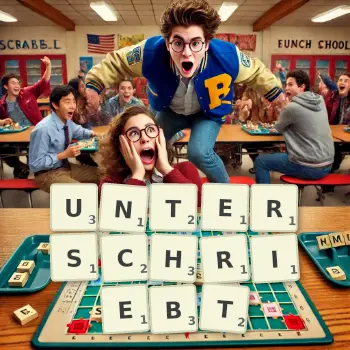 Kreative Illustration für ein Scrabble-Spiel, bei dem das Wort UNTERSCHRIEBT mit Steinen auf dem Brett gelegt wurde.