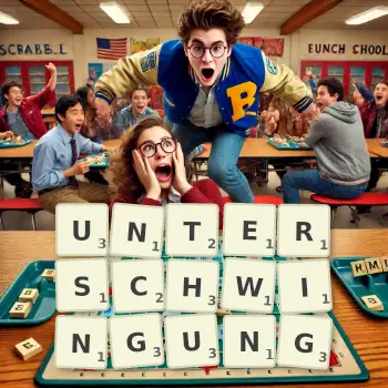 Kreative Illustration für ein Scrabble-Spiel, bei dem das Wort UNTERSCHWINGUNG mit Steinen auf dem Brett gelegt wurde.