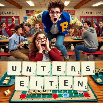 Kreative Illustration für ein Scrabble-Spiel, bei dem das Wort UNTERSEITEN mit Steinen auf dem Brett gelegt wurde.