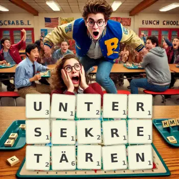 Kreative Illustration für ein Scrabble-Spiel, bei dem das Wort UNTERSEKRETÄREN mit Steinen auf dem Brett gelegt wurde.