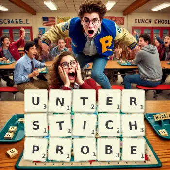 Kreative Illustration für ein Scrabble-Spiel, bei dem das Wort UNTERSTICHPROBE mit Steinen auf dem Brett gelegt wurde.