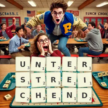 Kreative Illustration für ein Scrabble-Spiel, bei dem das Wort UNTERSTREICHEND mit Steinen auf dem Brett gelegt wurde.