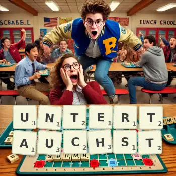 Kreative Illustration für ein Scrabble-Spiel, bei dem das Wort UNTERTAUCHST mit Steinen auf dem Brett gelegt wurde.