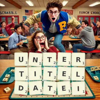 Kreative Illustration für ein Scrabble-Spiel, bei dem das Wort UNTERTITELDATEI mit Steinen auf dem Brett gelegt wurde.