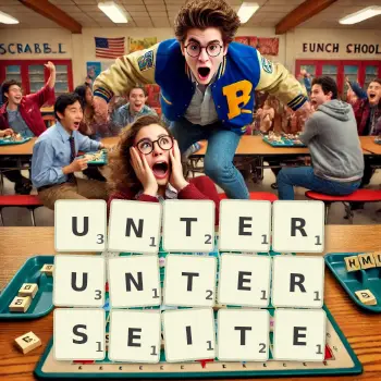 Kreative Illustration für ein Scrabble-Spiel, bei dem das Wort UNTERUNTERSEITE mit Steinen auf dem Brett gelegt wurde.