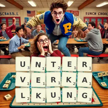 Kreative Illustration für ein Scrabble-Spiel, bei dem das Wort UNTERVERKALKUNG mit Steinen auf dem Brett gelegt wurde.