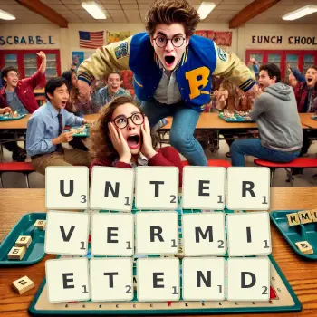 Kreative Illustration für ein Scrabble-Spiel, bei dem das Wort UNTERVERMIETEND mit Steinen auf dem Brett gelegt wurde.