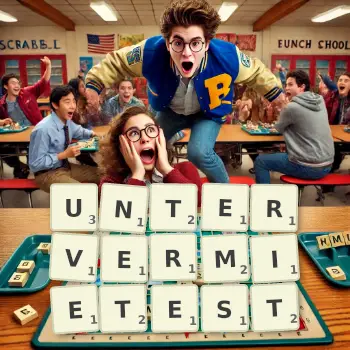 Kreative Illustration für ein Scrabble-Spiel, bei dem das Wort UNTERVERMIETEST mit Steinen auf dem Brett gelegt wurde.